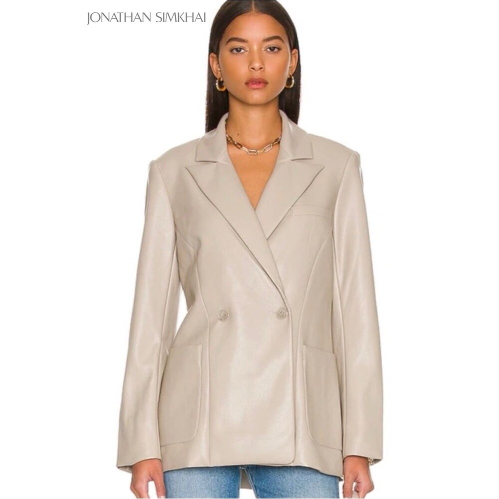 JONATHAN SIMKHAI Raelynn Vegan Leather Blazer M Gray Double Breasted Revolve